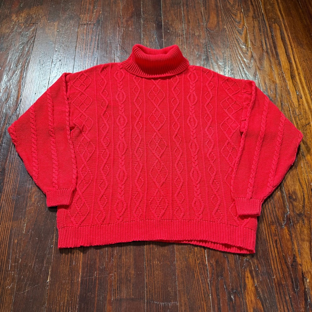 Vintage 90s Wainscott Sweater Womens L Red Turtleneck Cable Knit Cotton